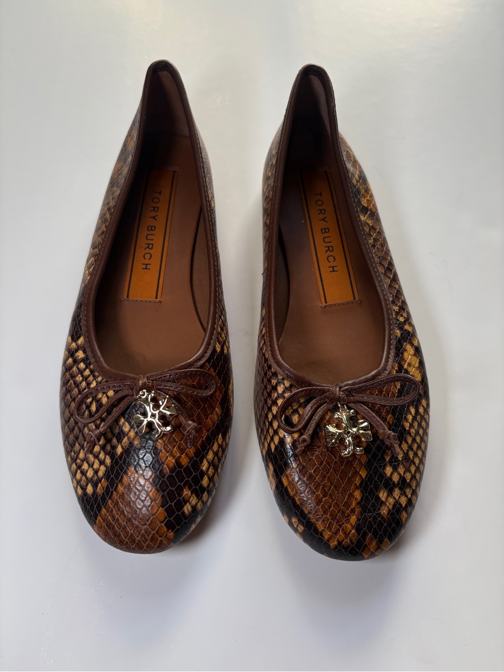 Tory Burch Brown Snake-Print Leather Ballet Flats with Gold Logo Charm